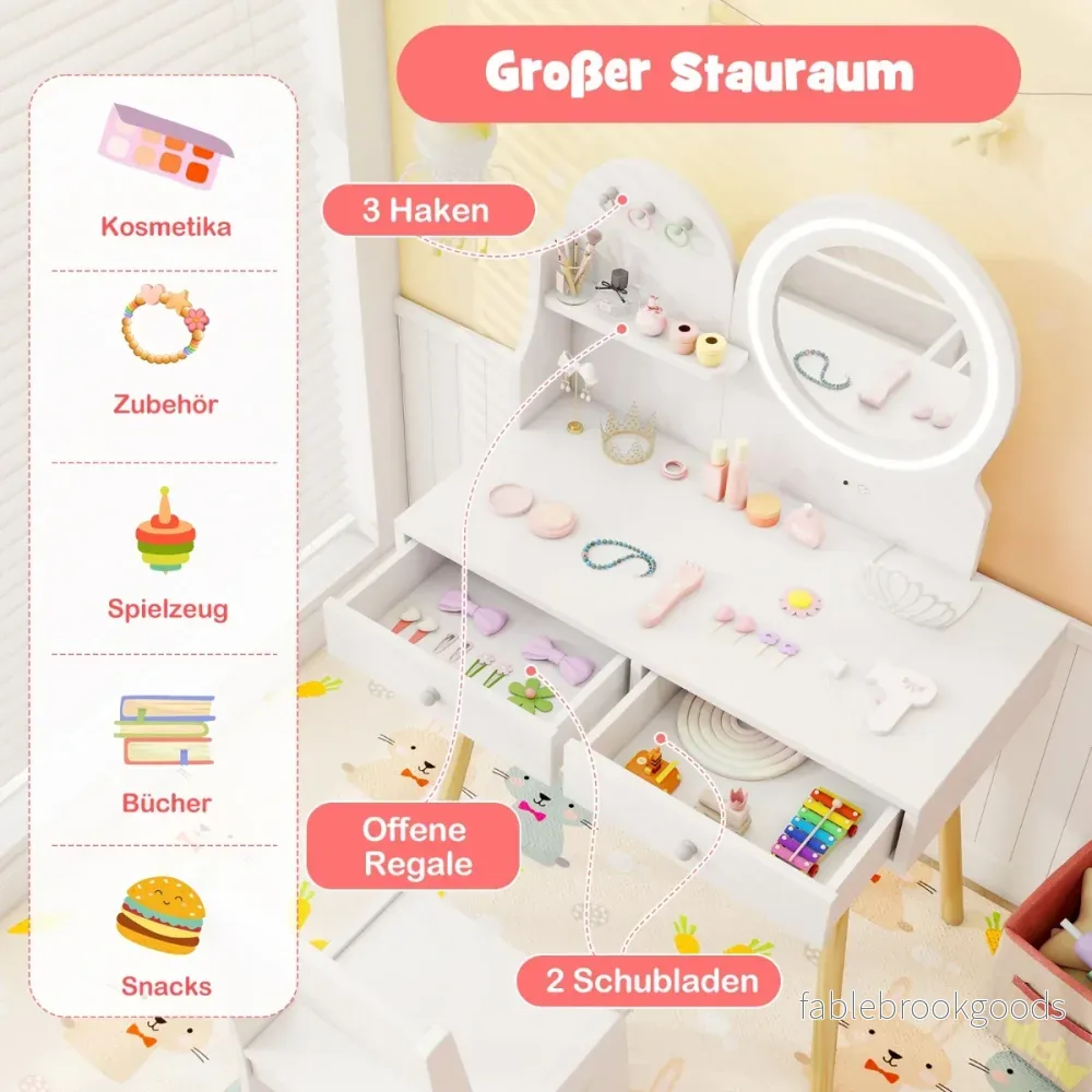 Sminkbord – för barn med belysning i spegel – 2 1 – Vit