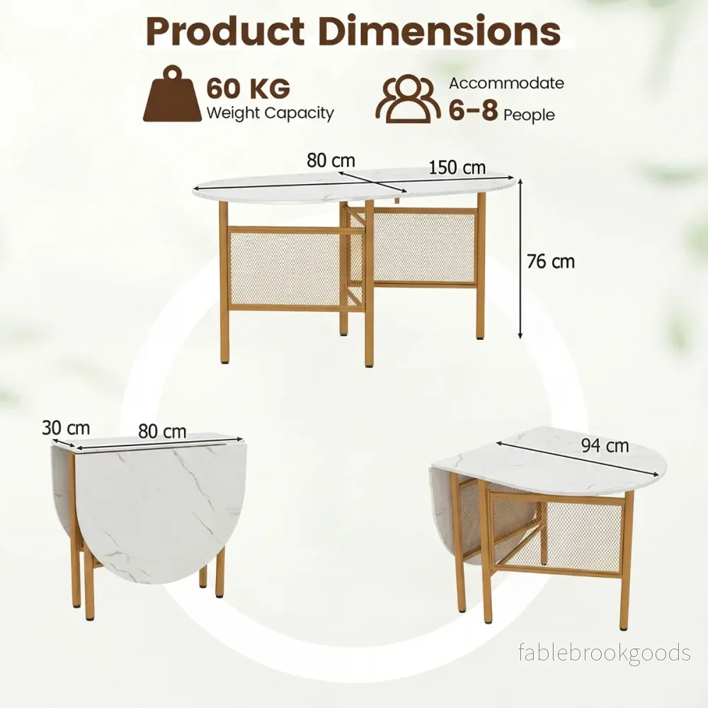 Hopfällbart – matbord för personer platsbesparande köksbord med hopfällningsfunktion Vit+ – 6-8 150 x 80 x 76 cm – Guld - Bild 2