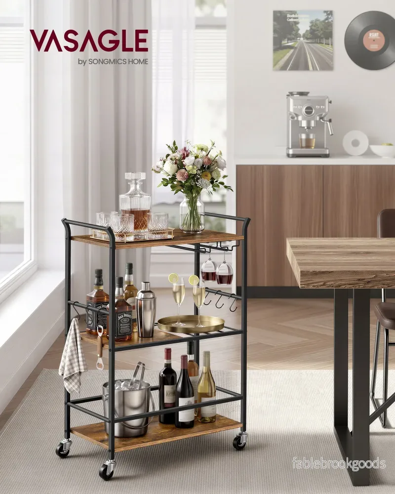Serveerwagen - Met Wijnrek en Glashouder - Industrieel Design - Rustiek bruin-matzwart - 64,5 x 32 x 85,5 cm - Bild 2