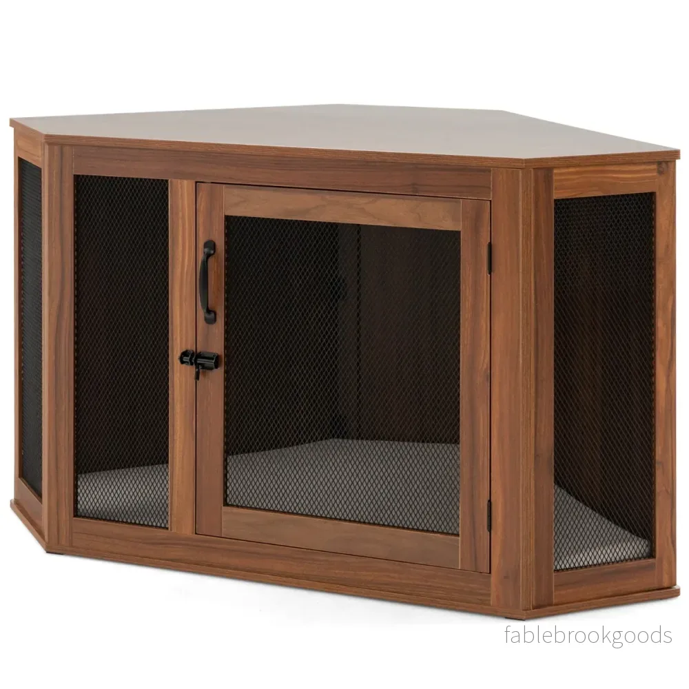Hörnlåda – för hund i med nätdörr och kudde – 114 x 59 x 67 cm – Brun