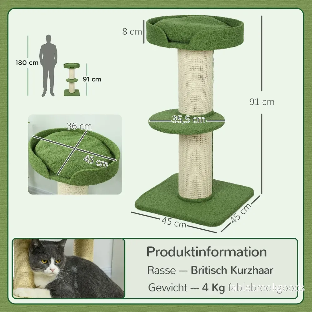 Kattträd 91cm med säng, plattformar, sisalstolpar, grönt - Bild 3