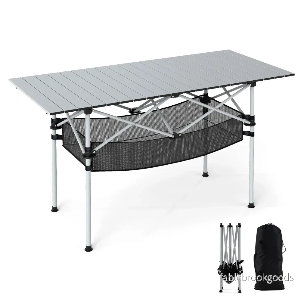 Fällbar – campingbord för terrass, bärbart picknickbord med rullbar aluminiumskiva och nätkorg i – . – Silver