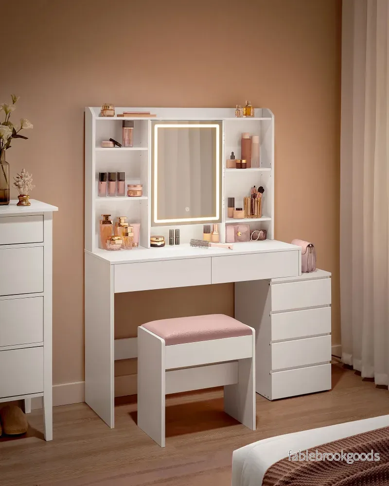Sminkbord med LED-belysning modern molnvit - Bild 2