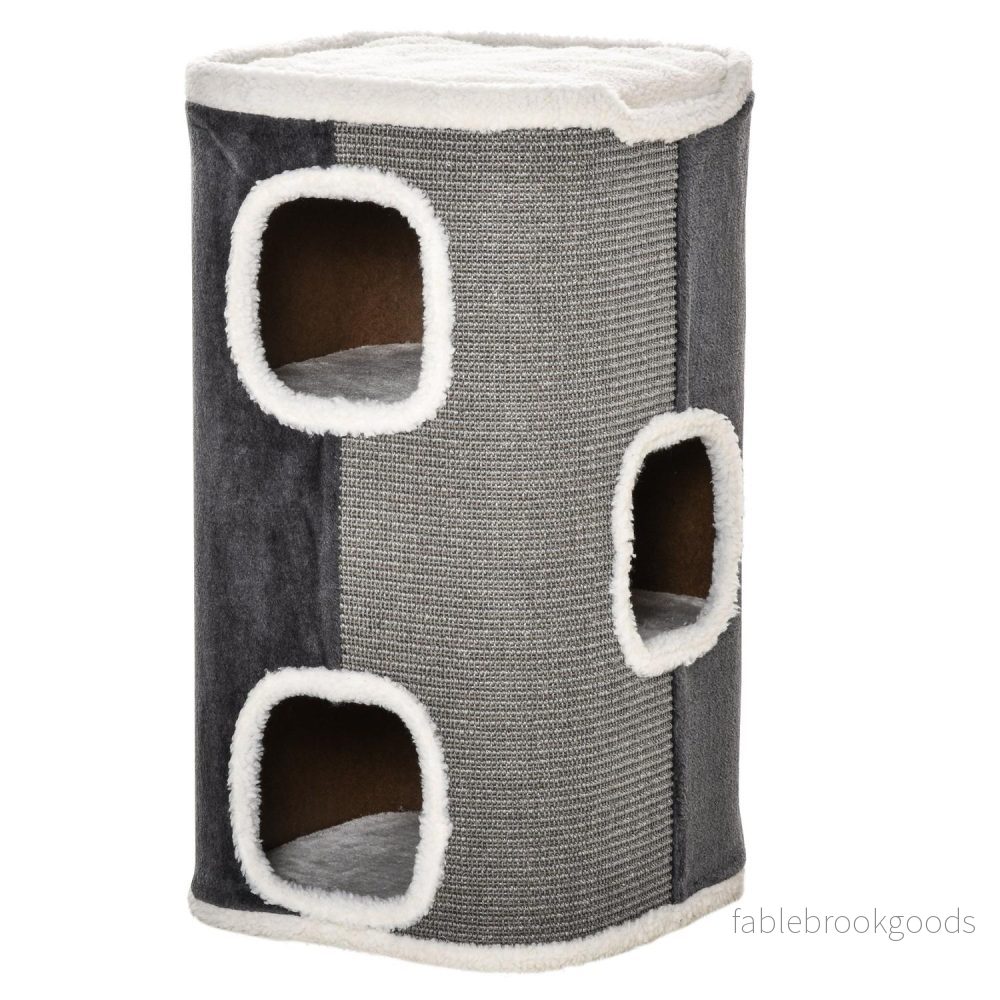 Kattträd med 3 nivåer, sisal & sammetslen tyg, grå/vit