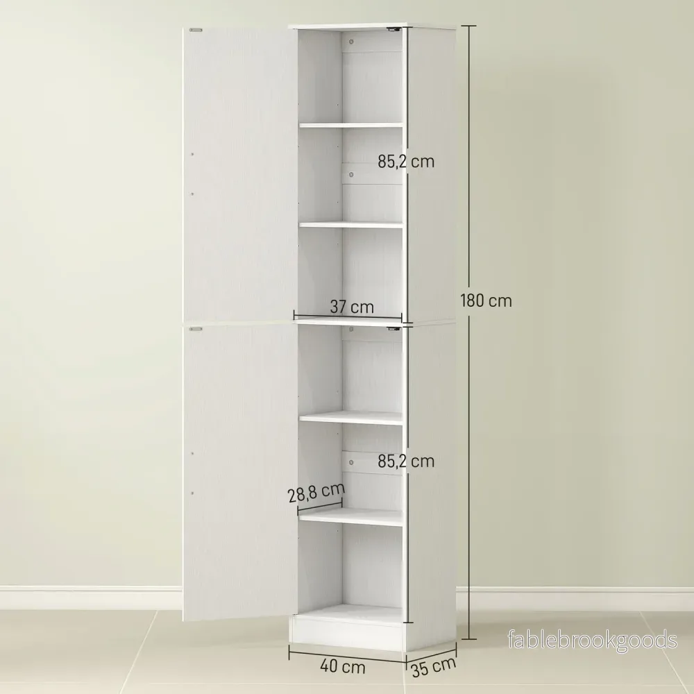 180 cm högt badrumsskåp, smalt badrumsskåp med 2 dörrar, 4 justerbara hyllplan, spånskiva, MDF, vit - Bild 3