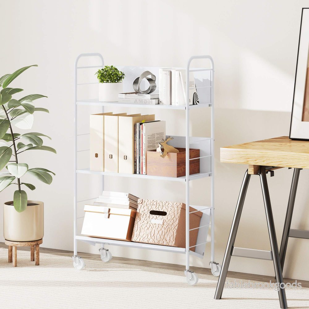 Rullande metallbokhylla med 3 våningar, 69x26x108 cm, vit - Bild 2