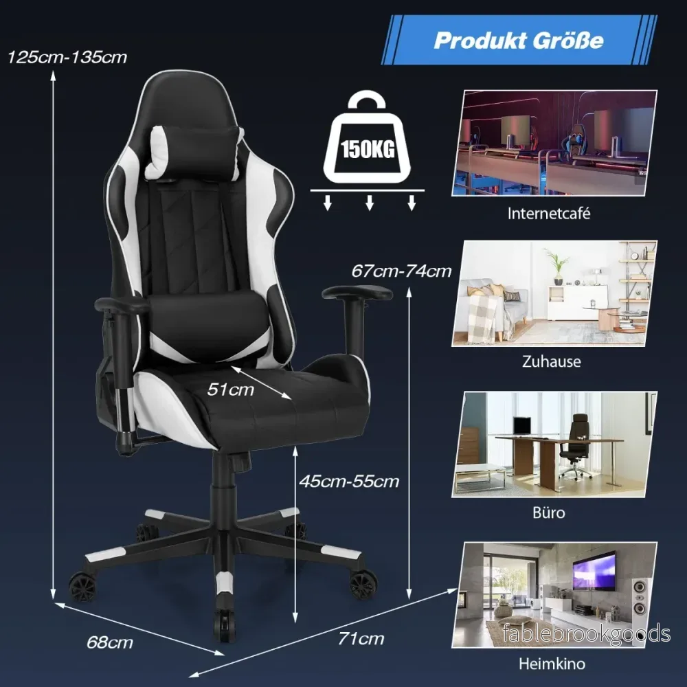 Gamingstol – Racing Style Snurrstol med nackstöd och ländryggskudde 90° 160° Justerbar lutningsvinkel – Vit - Bild 2