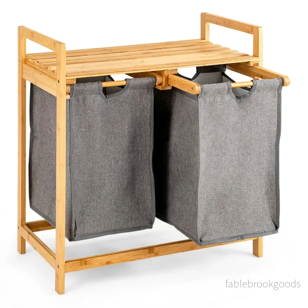 Bambu – tvättkorg med två fack delad Naturlig – 2 64 x 33 x 73 cm – Natur