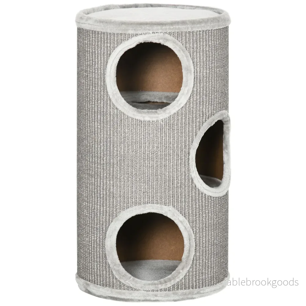 Cat Scratching Barrel med sisal & plysch, 3 grottor, ljusgrå