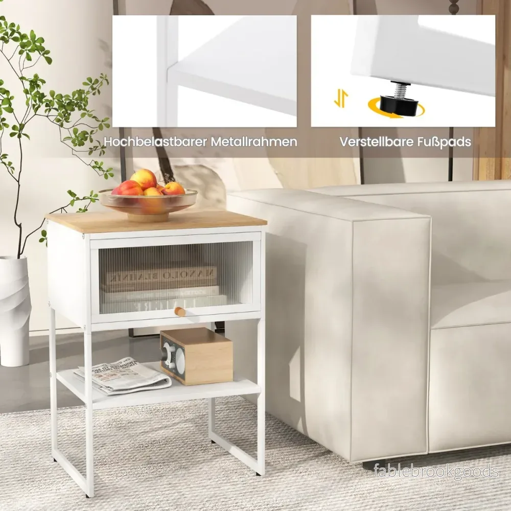 Sängbord – Sidobord Sängskåp i trä med metallram och hylla genomskinlig dörr – 40 x 32 x 56 cm – Vit - Bild 2