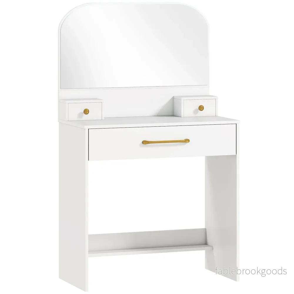 Sminkbord med spegel, 3 lådor, vit, kompakt design