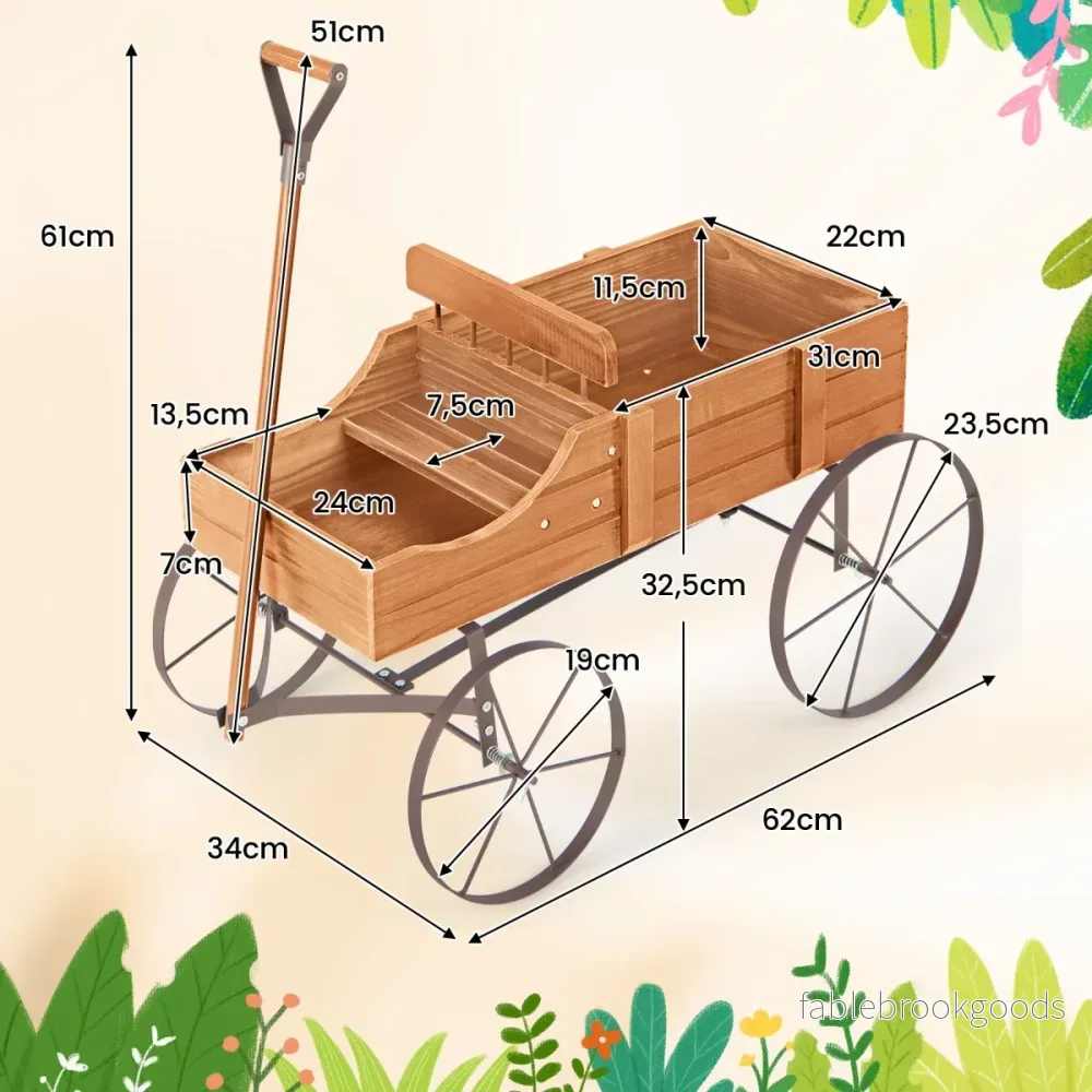 Blomsterställ – trävagn växtvagn blomstervagn med hjul av metall – 62 x 34 x 60 cm – Orange - Bild 2