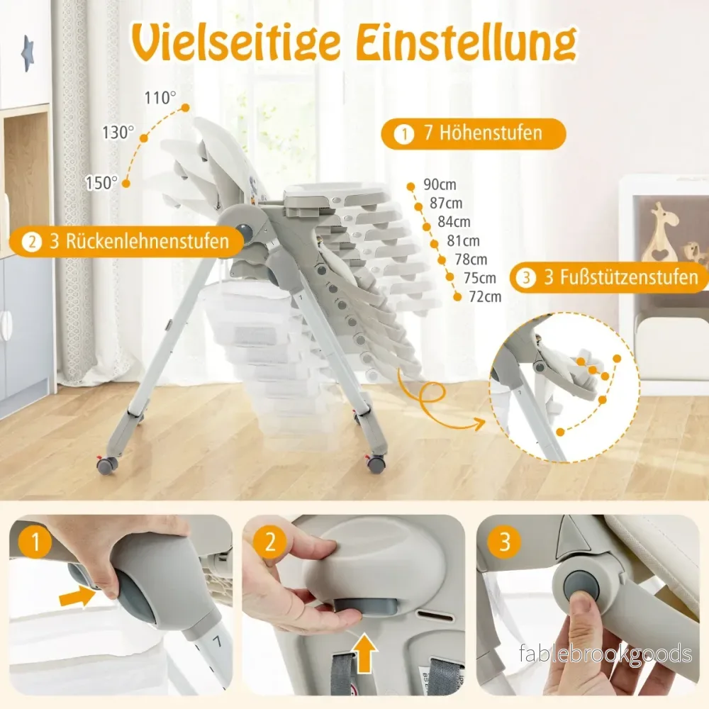 Fällbar – barnstol med hjul och justerbar höjd fotstöd ryggstöd Babysits – Vit - Bild 2