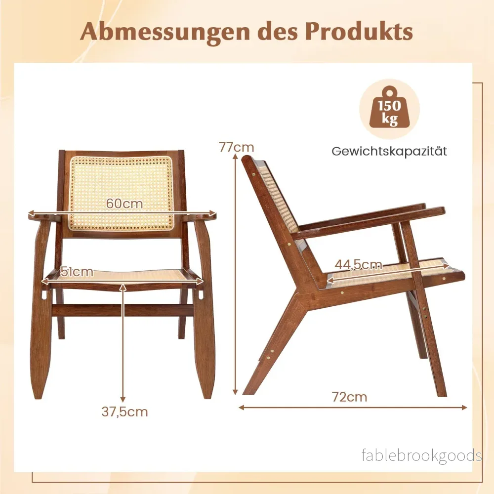 Rattanstol – med ergonomisk ryggstöd och armstöd, bambu matsalsstol – Brun - Bild 2