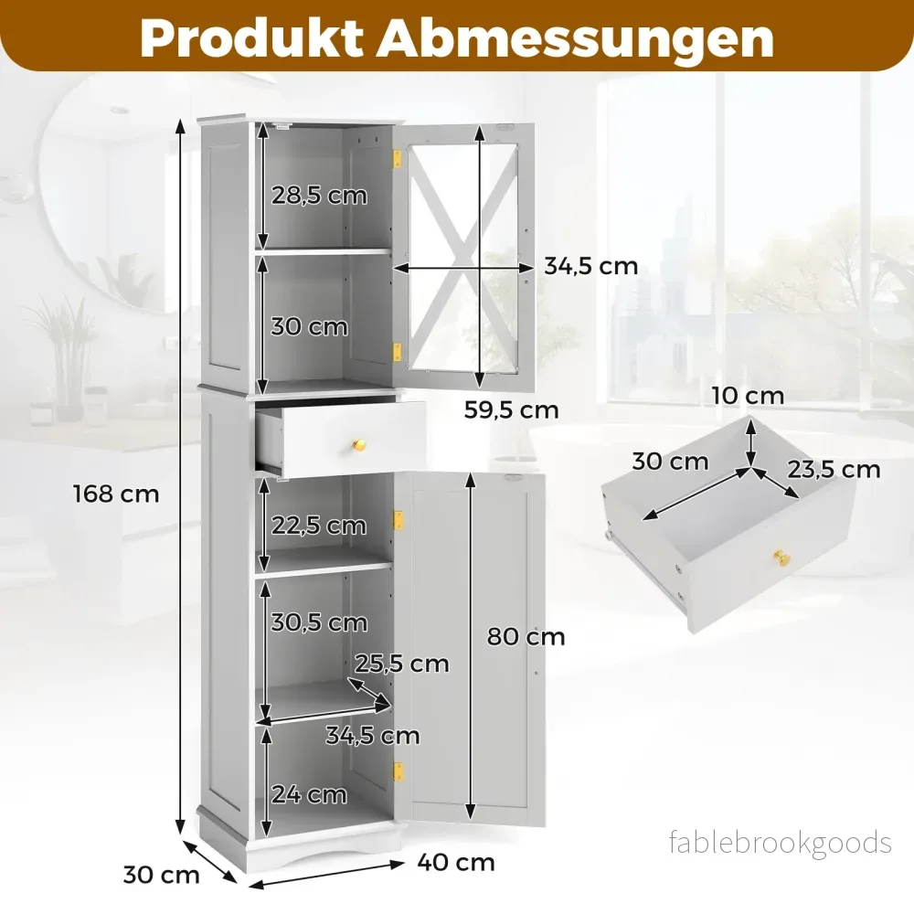 Badrumsskåp – högskåp med justerbara hyllplan, låda, dörrar, hög badskåp – 2 – Vit - Bild 2