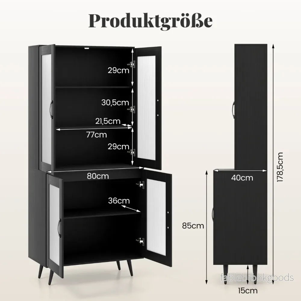Kökskåp – höjd köksregal med transparenta dörrar och justerbar hylla – 178,5 cm 4 – Svart - Bild 2