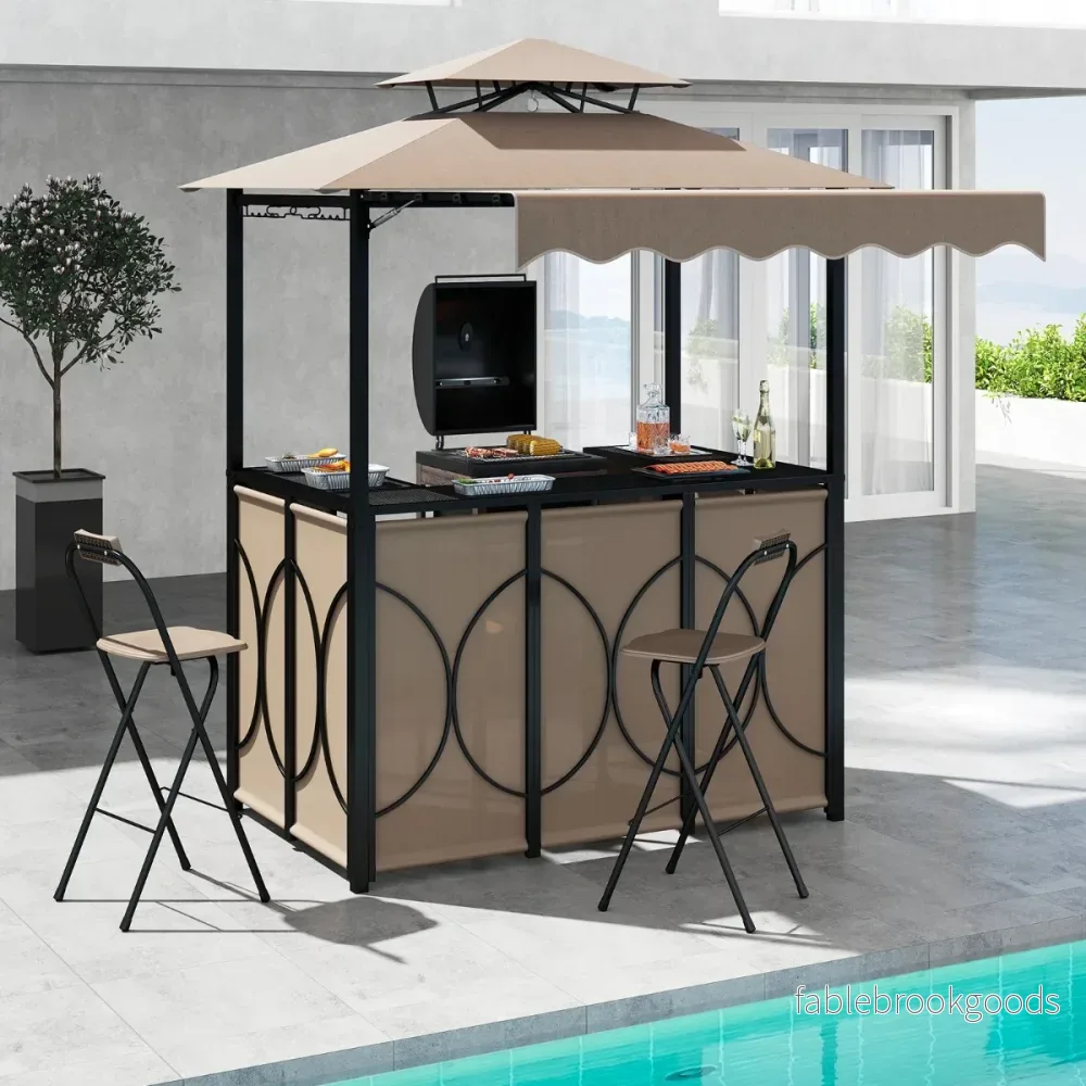 Väderbeständig – grillpaviljong med bar och barstolar, trädgårdspaviljong dubbelt tak markis – 2 – Brun - Bild 3