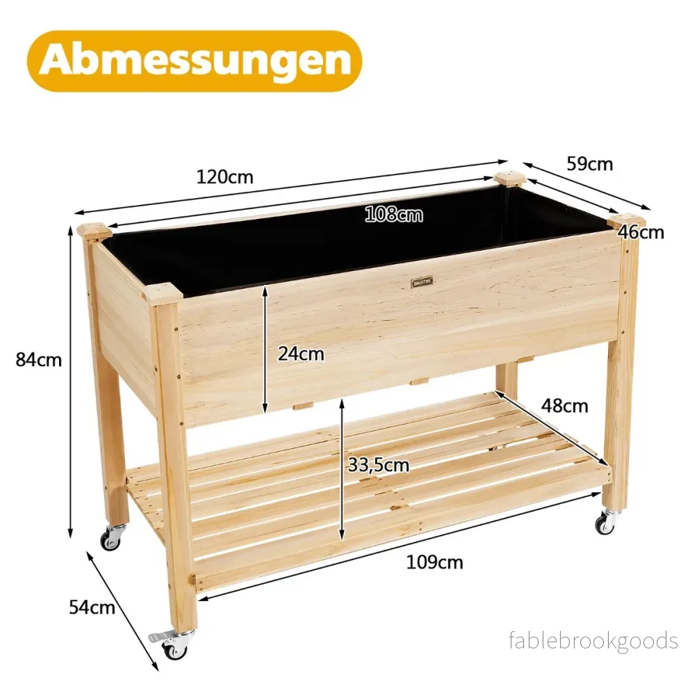 Upphöjd – trädgårdsbädd i trä med låsbara hjul Naturlig – 120 x 59 x 84 cm – Natur - Bild 3