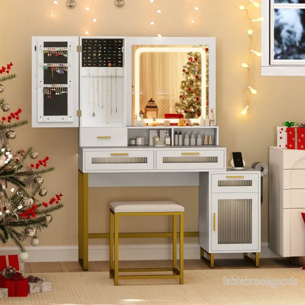 Sminkbord – med LED belysning och laddstation pall toalettbord smyckesskåp – Vit - Bild 3
