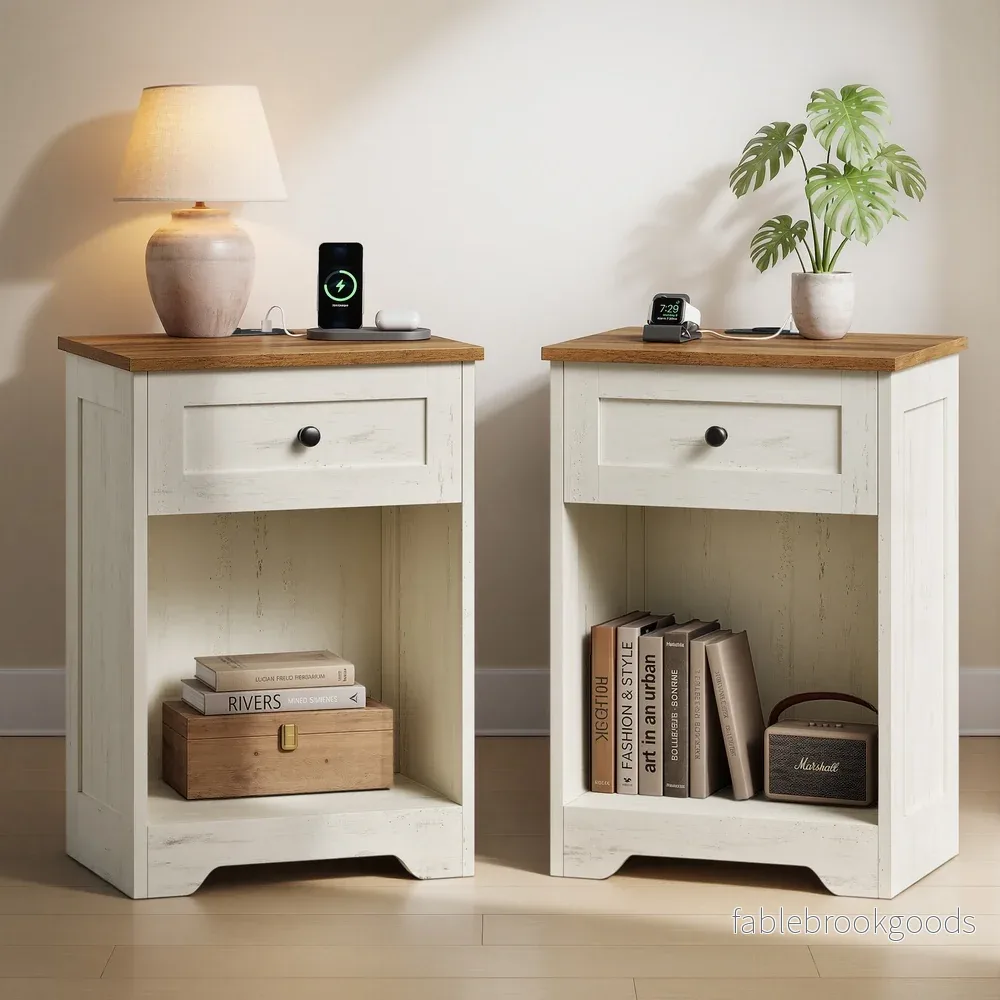 Nachtkastje – Set van 2 – Met Stopcontact en USB – Landelijke Stijl – Wolkenwit-Aardbruin Nachtkastje – Set van 2 – Met Stopcontact en USB – Landelijke Stijl – Wolkenwit-Aardbruin
