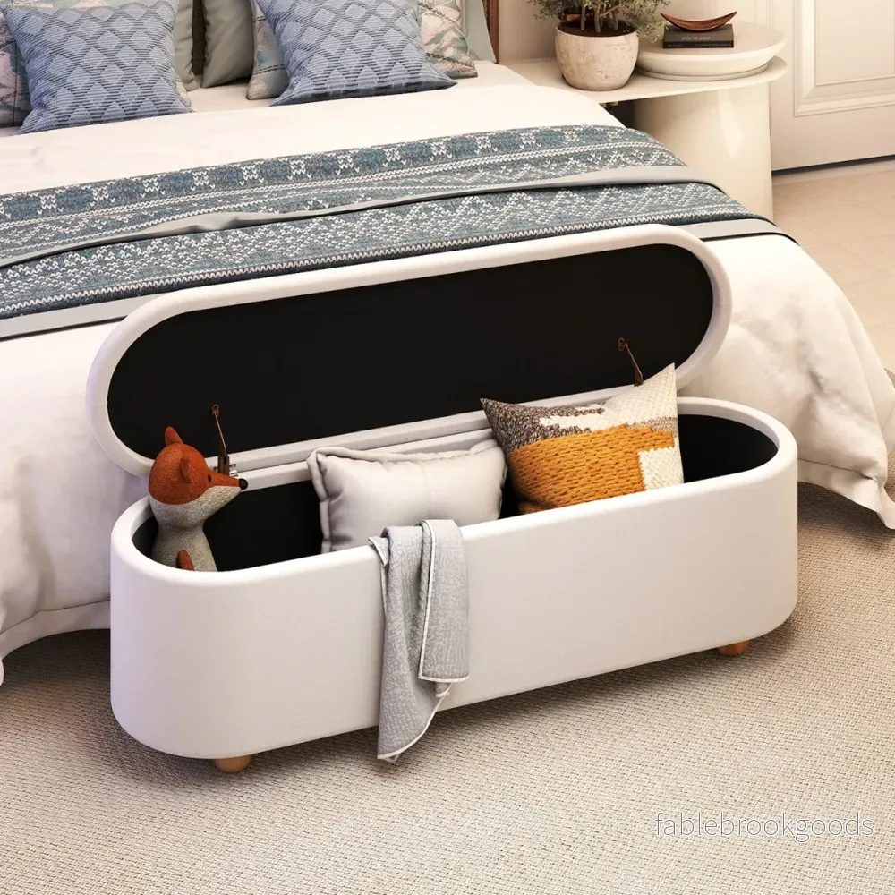 Oval – förvaringsbänk med lock Polstrad ottoman pall lång – 139 cm – Vit - Bild 3