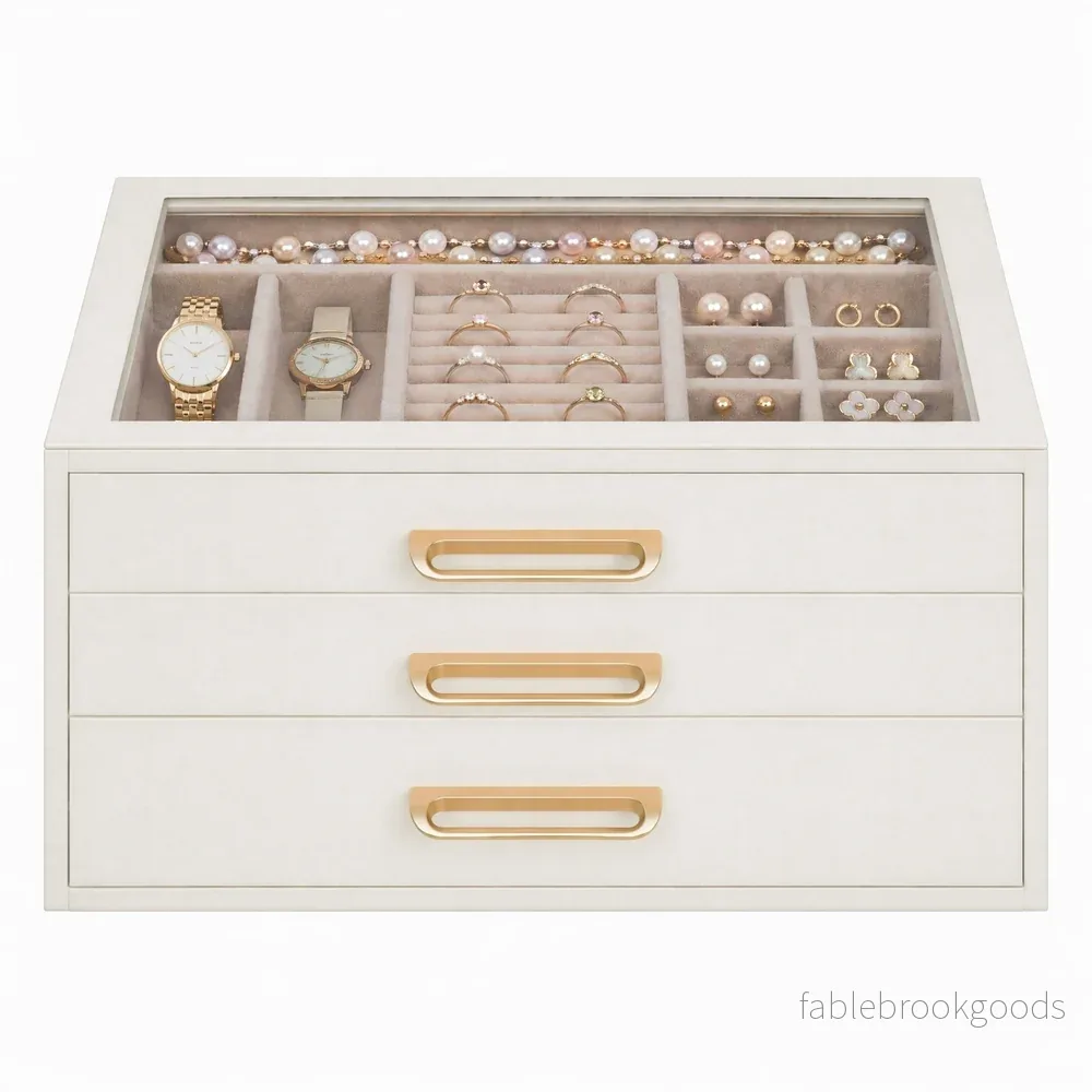 Sieradendoos - Met Glazen Deksel en Meerdere Vakken - Wit en beige - 24 x 16 x 12,5 cm - Bild 2