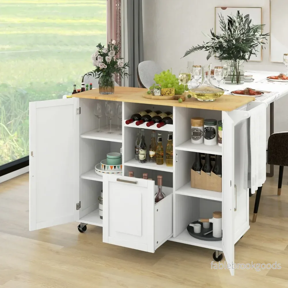 Köksvagn – med hopfällbar bänkskiva och roterande hjul djuplåda Kitchen Island White – 4 – Vit - Bild 2