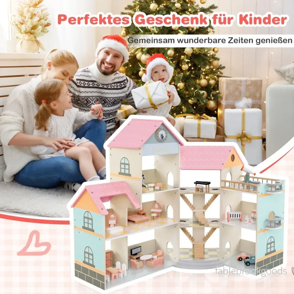 Hörndockhus – i trä med tak och möbler tillbehör Dollhouse DIY drömhus – 41 – Rosa - Bild 2