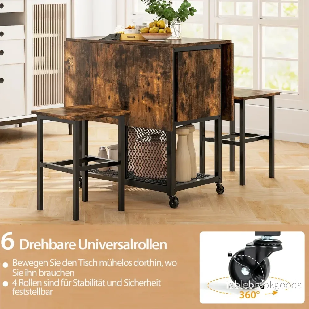 delat – set Fällbart matbordsset Utdragbart med pallar och mesh förvaringshyllor – 3 2 2 – Brun - Bild 3