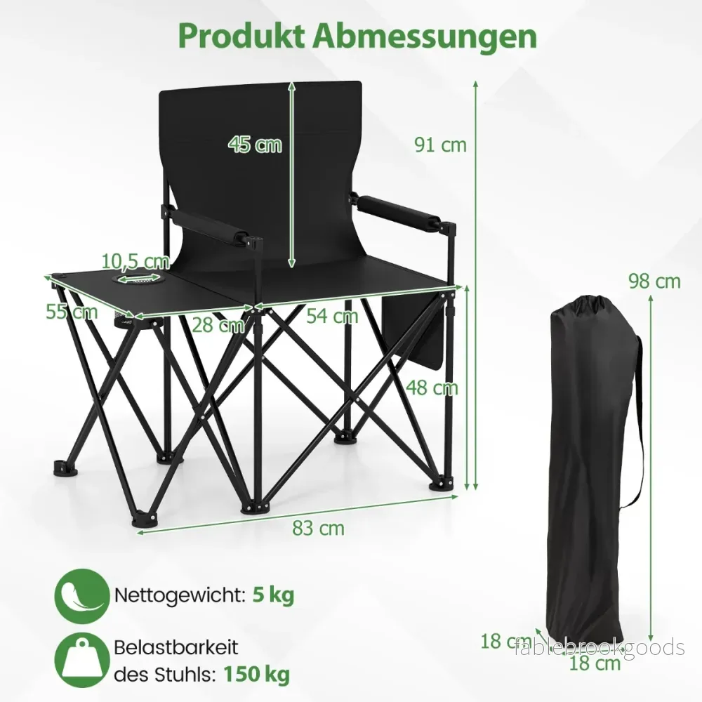 Fällbar – campingstol pack Klappstol med sidobord, mugghållare och sidoficka – 2 – Svart - Bild 2