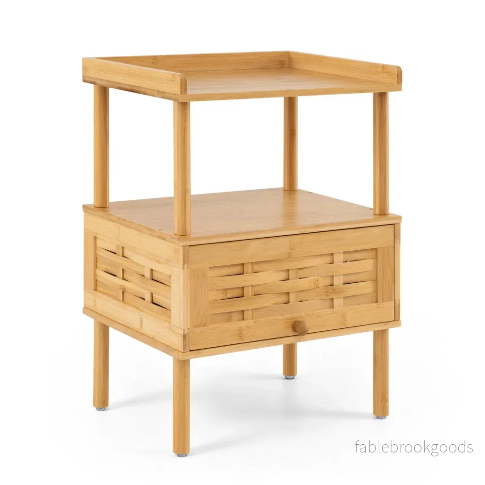 Bambu – nattbord med öppen hylla och hopfällbar dörr magnetlås, cm, naturfärgad – 41 x 31 x 59