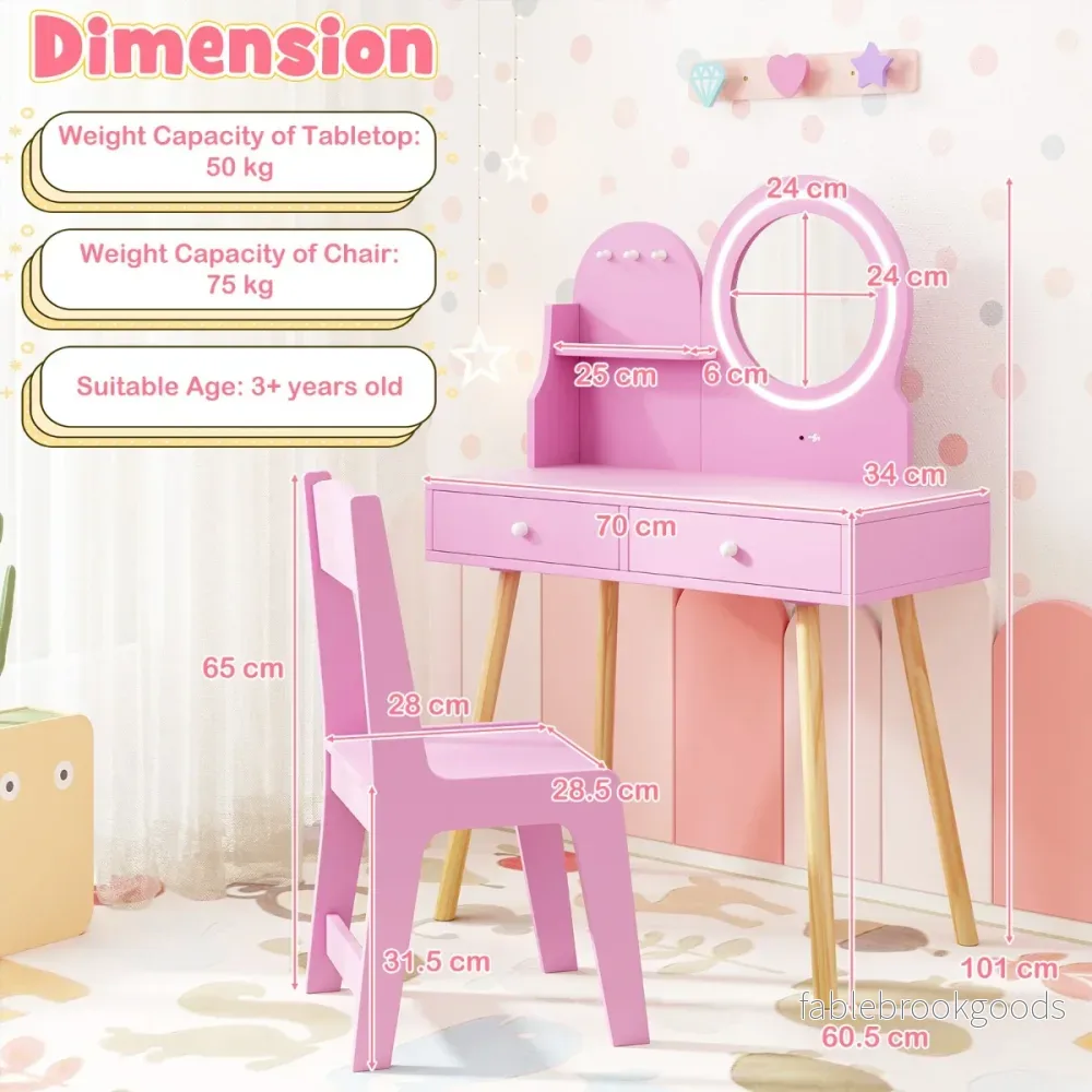 Sminkbordsset – för barn med upplyst spegel Kosmetikbord och stolset prinsessmotiv – Rosa - Bild 2
