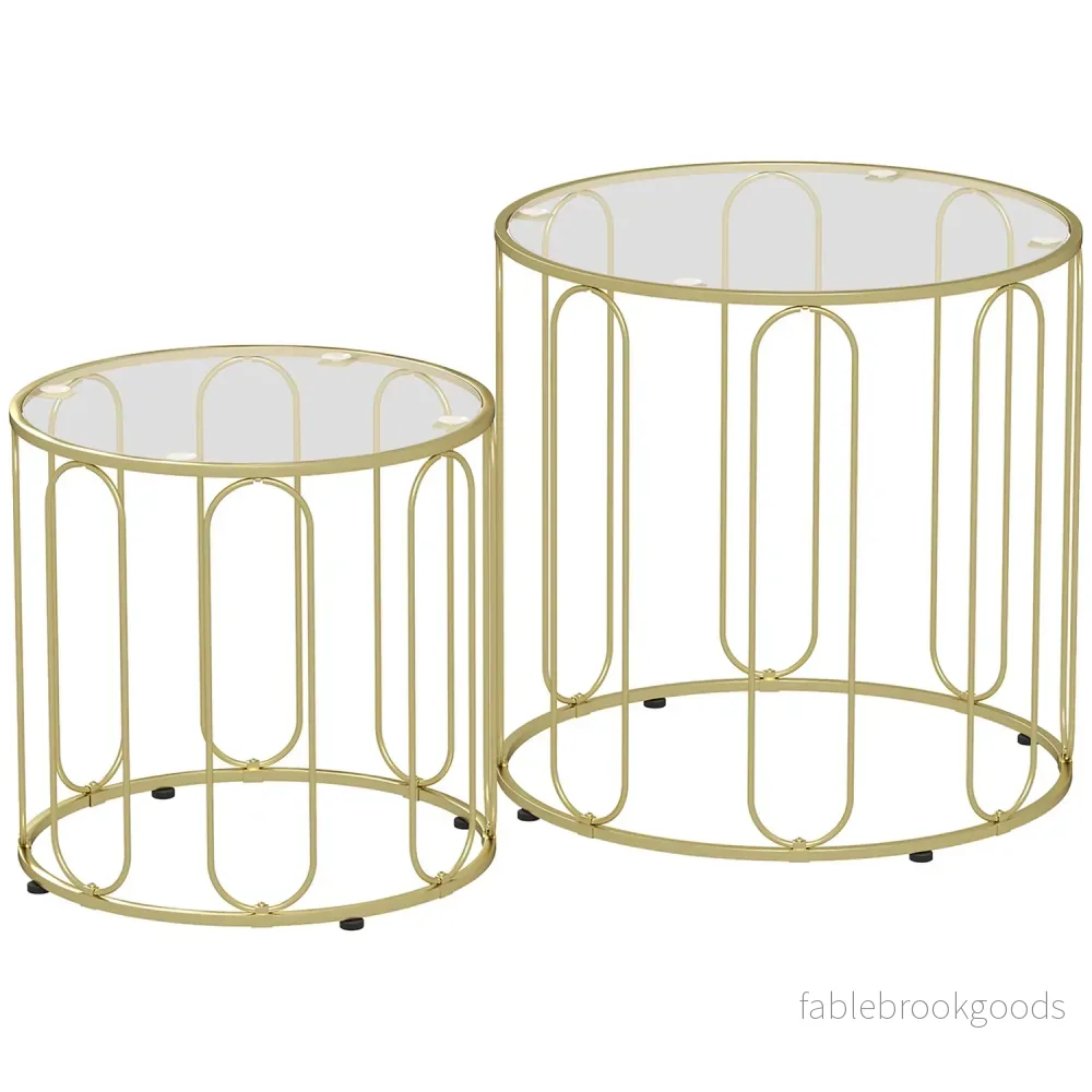Kapslade runda soffbord, metallram, glasskiva