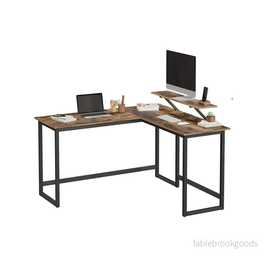 Hörnskrivbord – L-format med bildskärmsfäste – Vintage brun, svart - Bild 2