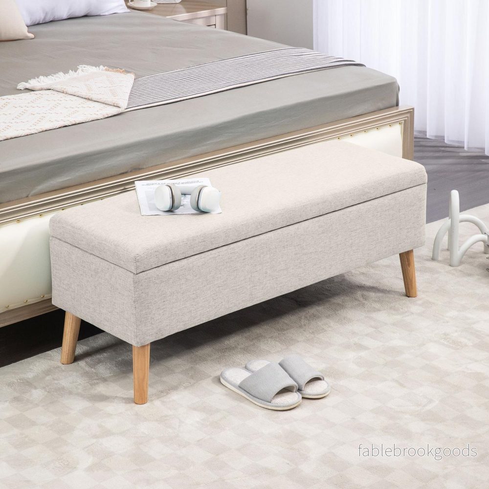 Beige stoppad förvaringsbänk – linnelook, 110x39x45 cm - Bild 2