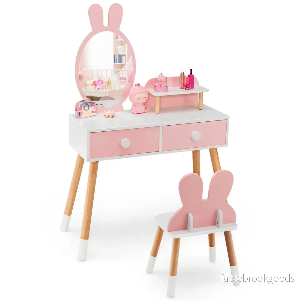 i – sminkbord och stolsset för barn med spegel lådor förvaringshylla – 2 1 2 – Rosa - Bild 3