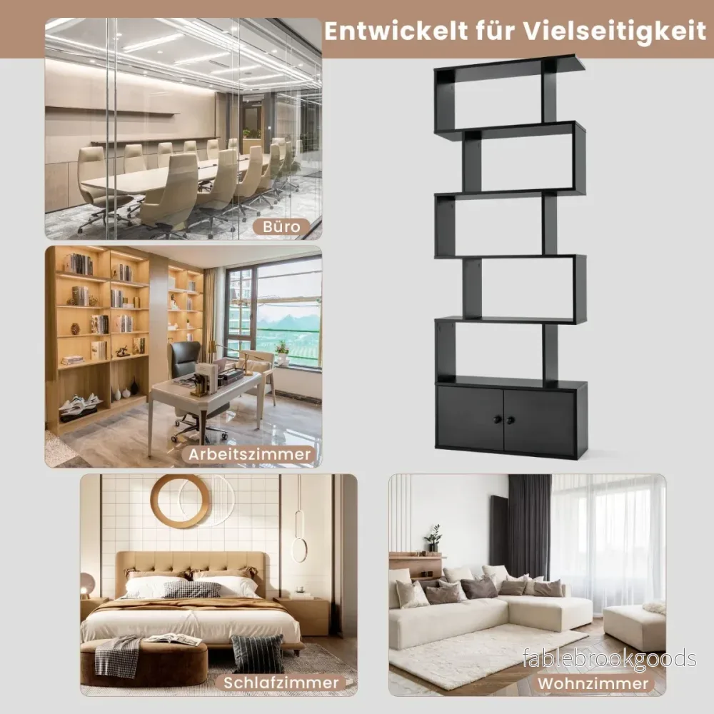 Bokhylla – med dörrar och våningar ståhylla i trä rumsavdelare – 5 183 x 70 x 23 cm – Svart - Bild 3