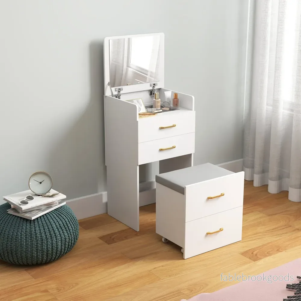 Sminkbordsset med spegel, nattduksbord, pall, vit - Bild 2