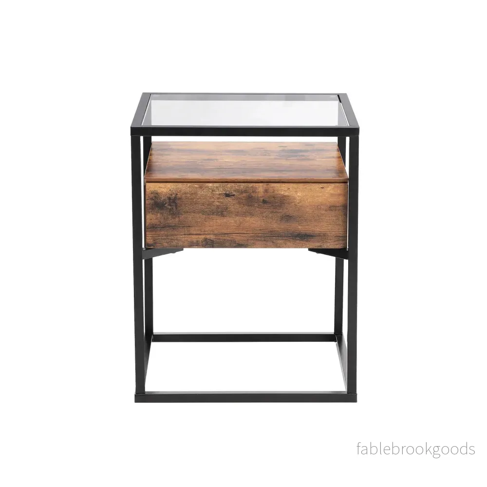 Sidobord - Glasskiva med låda - Vintage design - Brun/Svart - Bild 2