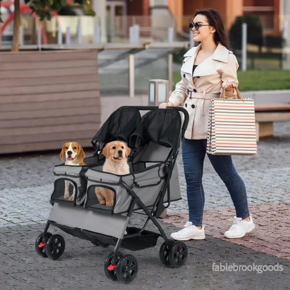 Dubbel – hundvagn med sitsig bärväska och justerbart solskydd Kattvagn – 2 – Grå - Bild 3