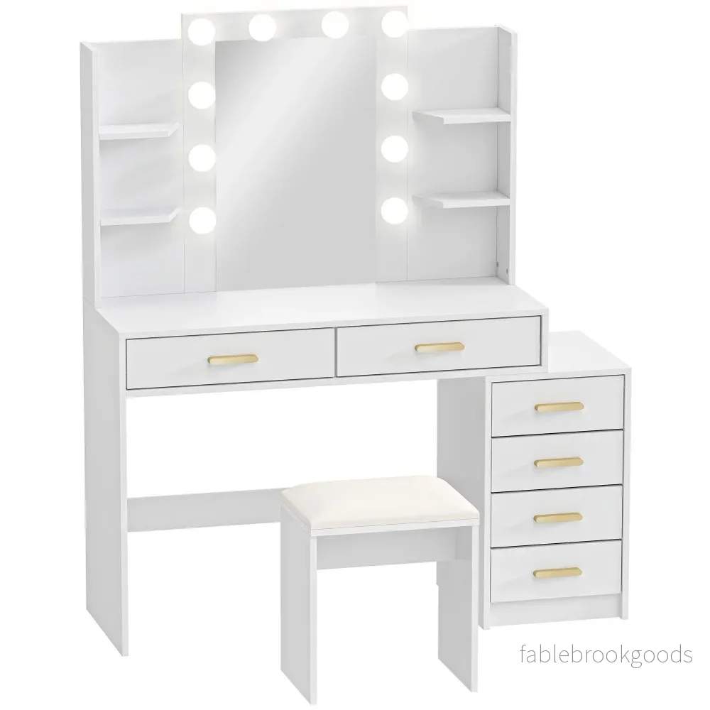 Sminkbord med LED-spegel och stoppad pall, vit