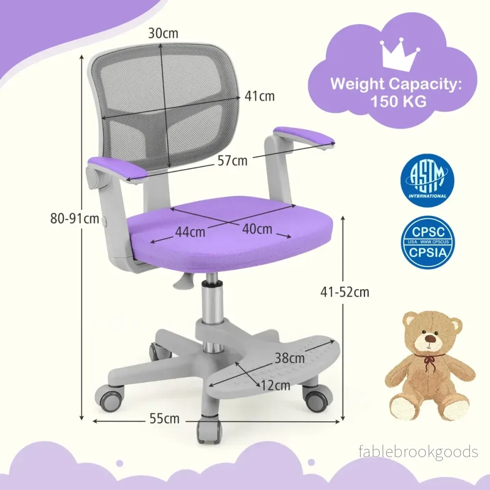 Barnskrivbordsstol – med höj och sänkbar sits Barnroterbar hjul Violett – 41-52 cm – Lila - Bild 2