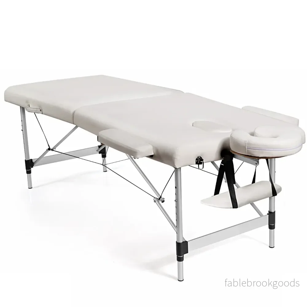 Bred – massagebänk i aluminium med bärväska faldig hopfällbar massagesäng avtagbart nackstöd och armstöd – 2 70 cm – Vit