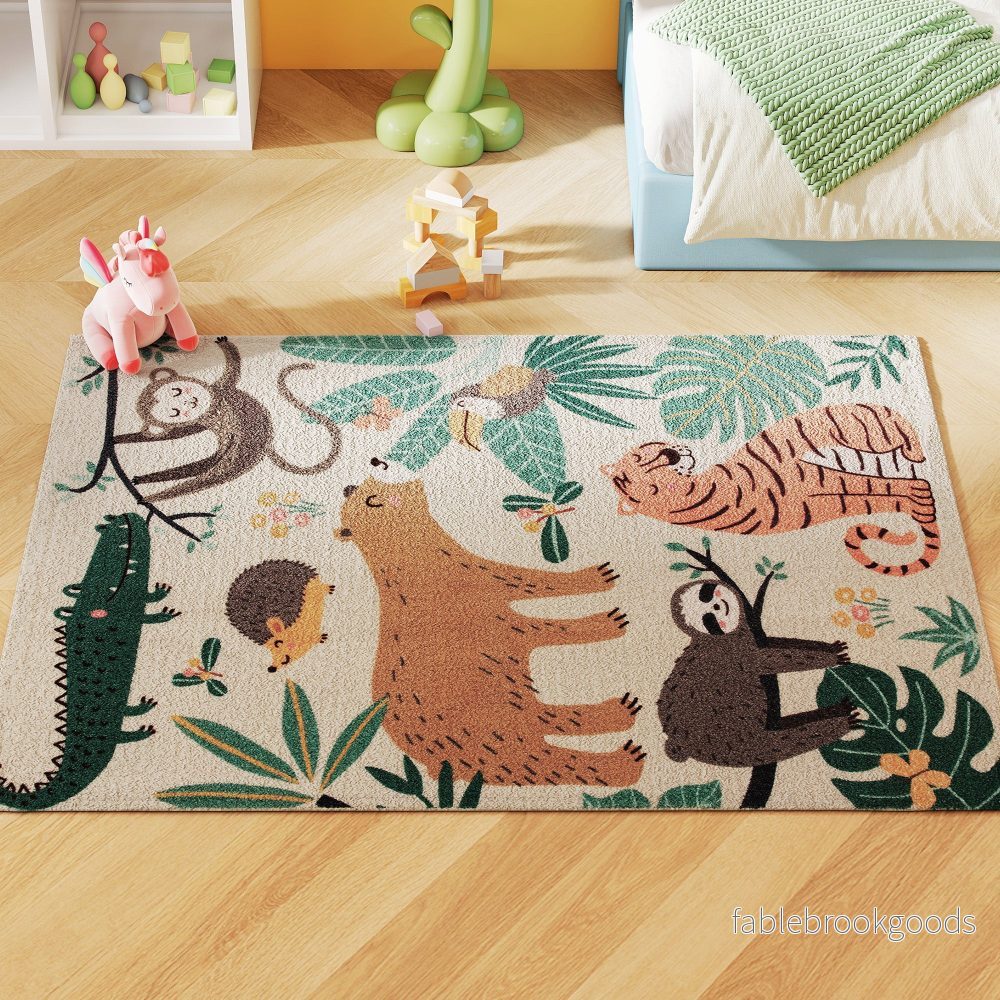 Jungle Pattern Fleece Matta, Halkfri, Cream & Multicolor