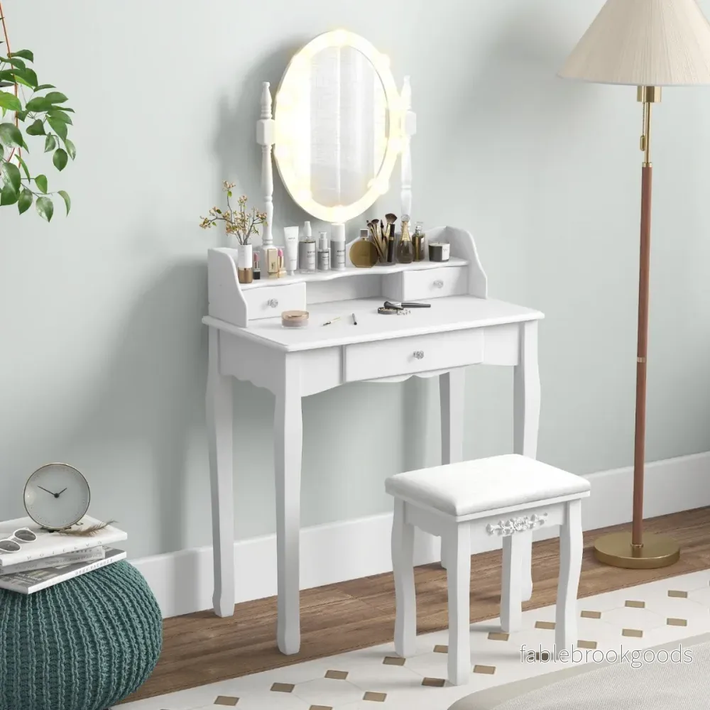 Sminkbord – med LED belysning justerbar ljusstyrka lådor – 3 – Vit - Bild 2