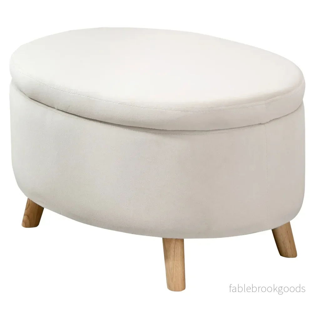 Oval stoppad förvaringsbänk - sammetslook, beige, 71x51,5x42 cm