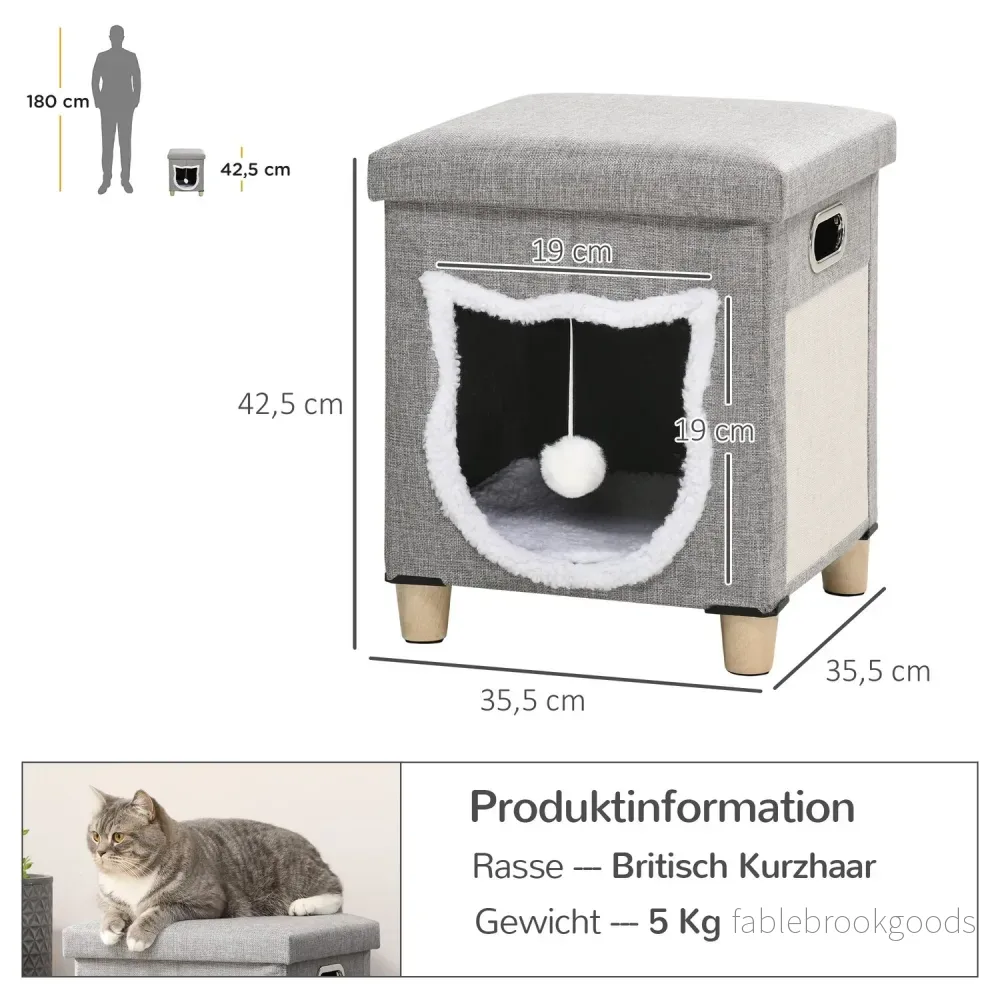 Cat Cave Ottoman med kudde och skrapboll, Anti-Slip Grå - Bild 3