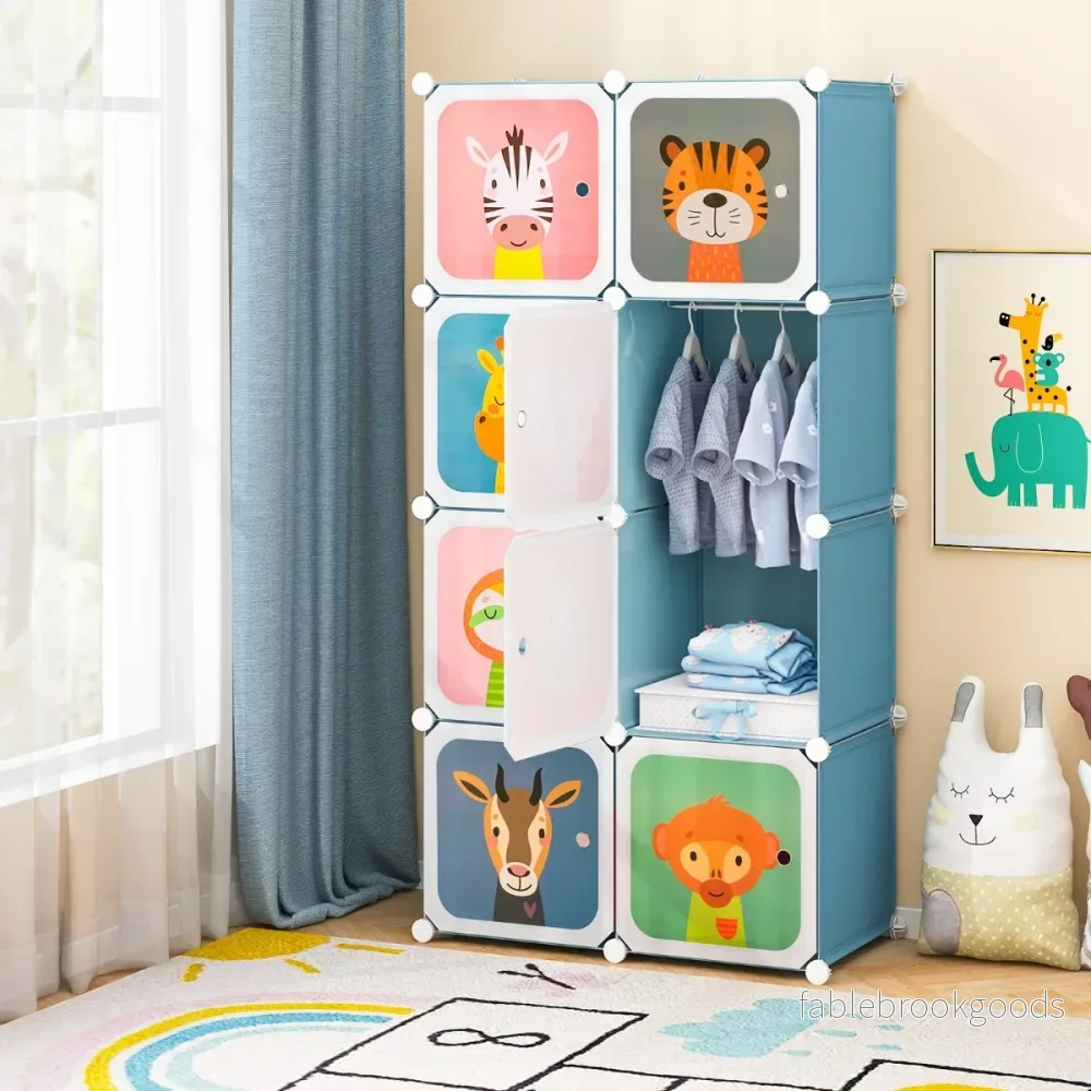 Garderob – för Barn Babyskåp med Kub och Hangområde söt Tecknad Byrå – 8 – Blå - Bild 3
