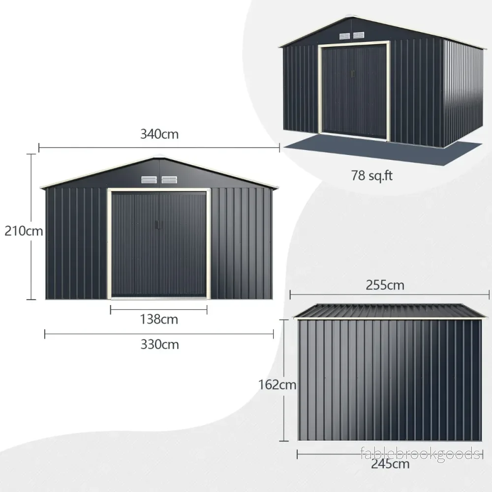 Verktygsskjul – i metall med luftventiler och skjutdörr låsbart Utomhus (endast verktygsskjul) – 4 340 x 255 x 210 cm – Grå