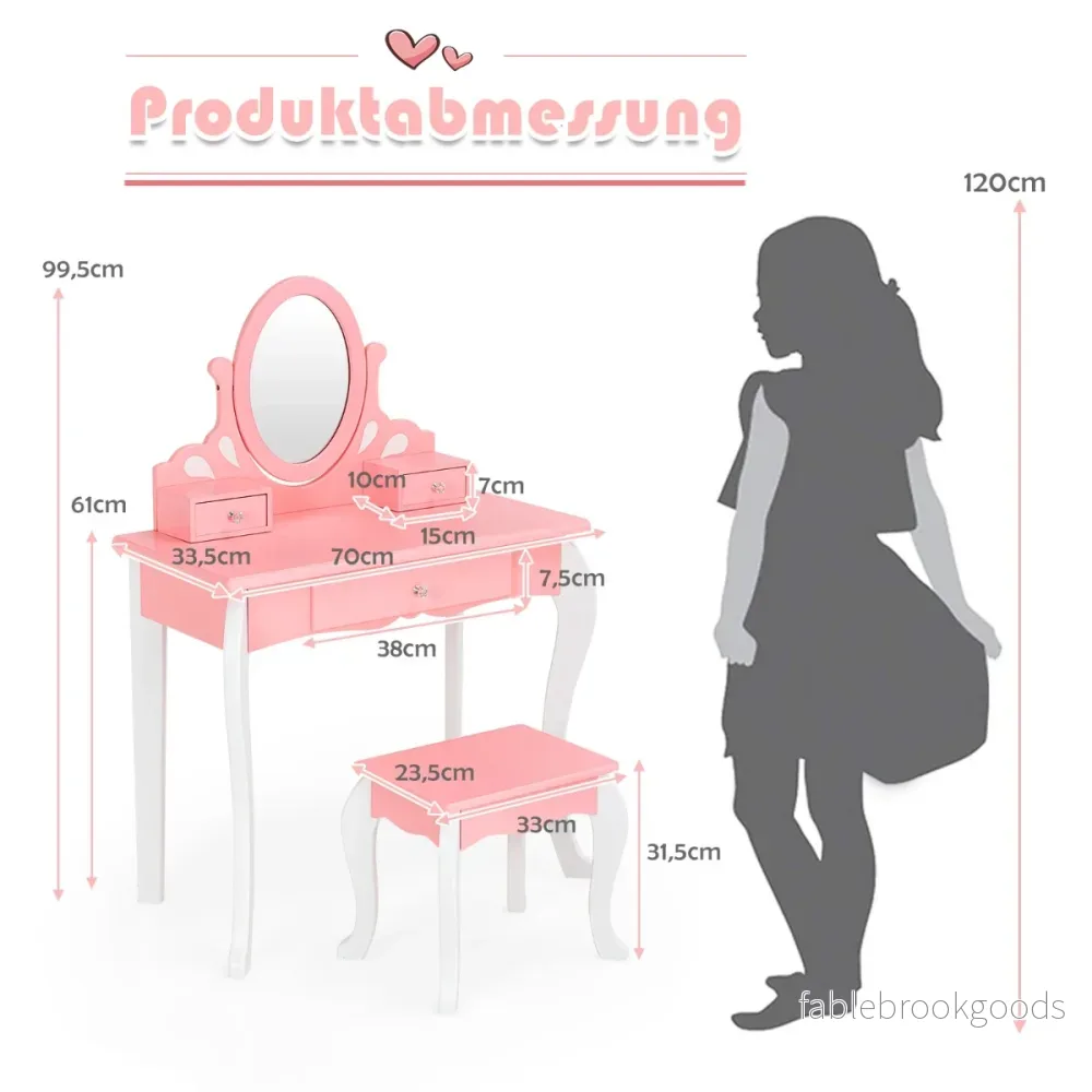 Sminkbord – för barn med Pall Princess lådor och Spegel – 3 – Rosa - Bild 2